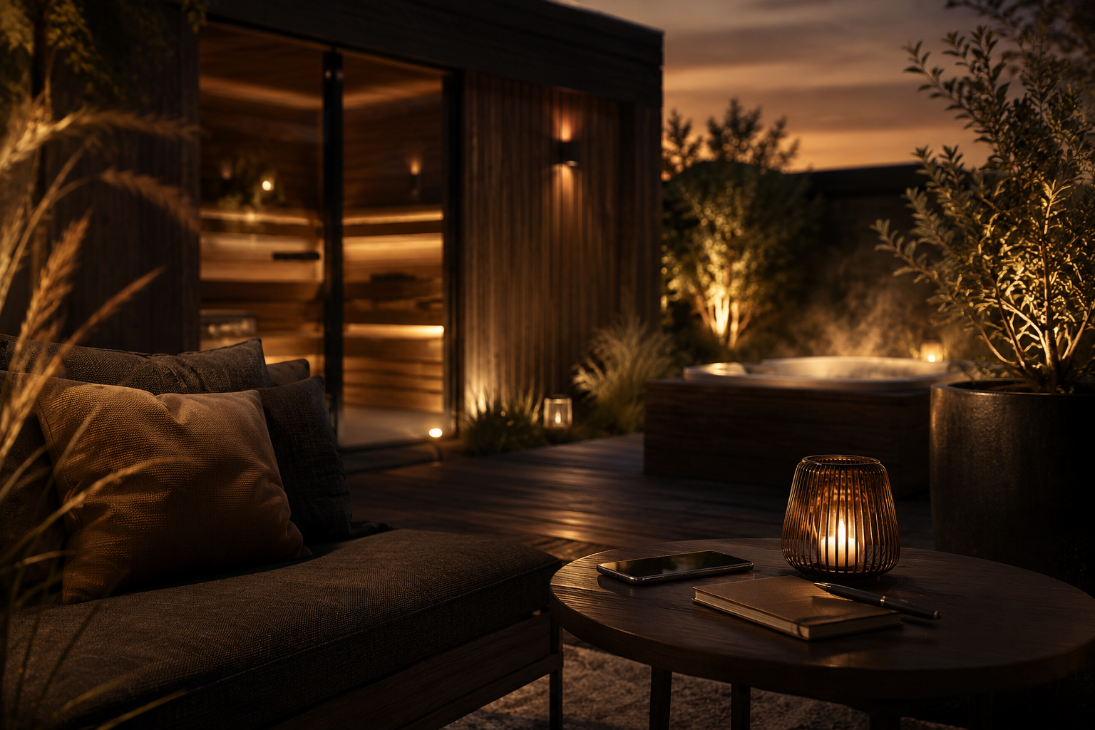 Entspannter Outdoor-Wellnessbereich bei Abendlicht